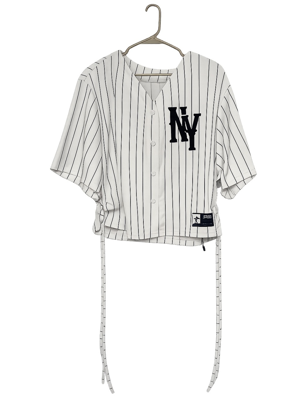 Women’s White Pinstripe Baseball Jersey Top with NY Patch